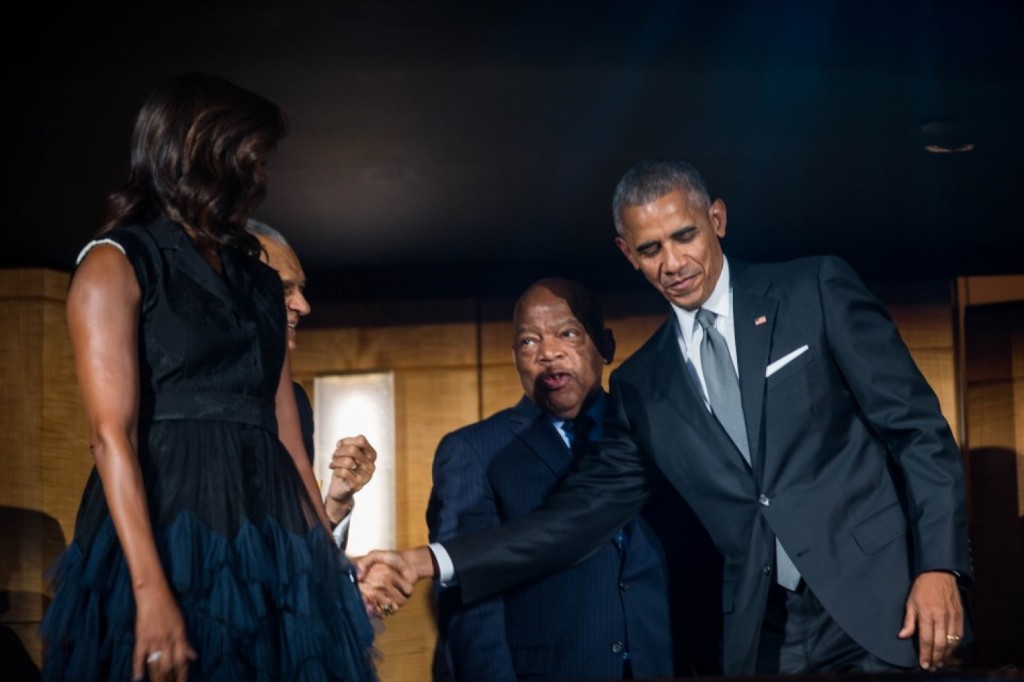 President Obama and first lady Michelle Obama arrive at ABC’s “Taking the Stage: African American Music and Stories that Changed America” program at the Kennedy Center in Washington on Sept. 23, 2016. At center is Rep. John Lewis (D-Ga.). (Zach Gibson/AFP/Getty Images